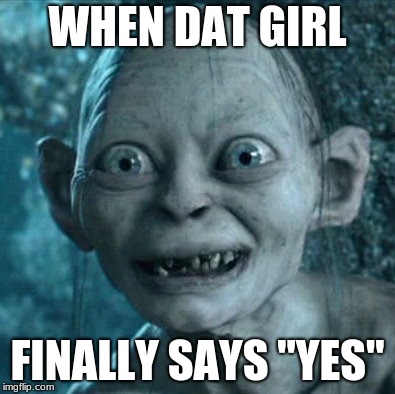 Gollum Meme | WHEN DAT GIRL; FINALLY SAYS "YES" | image tagged in memes,gollum | made w/ Imgflip meme maker