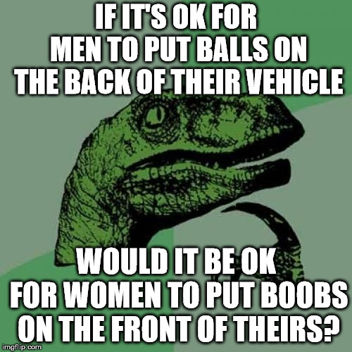 How are things hanging? | IF IT'S OK FOR MEN TO PUT BALLS ON THE BACK OF THEIR VEHICLE; WOULD IT BE OK FOR WOMEN TO PUT BOOBS ON THE FRONT OF THEIRS? | image tagged in memes,philosoraptor | made w/ Imgflip meme maker