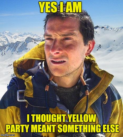Bear Grylls Meme | YES I AM I THOUGHT YELLOW PARTY MEANT SOMETHING ELSE | image tagged in memes,bear grylls | made w/ Imgflip meme maker