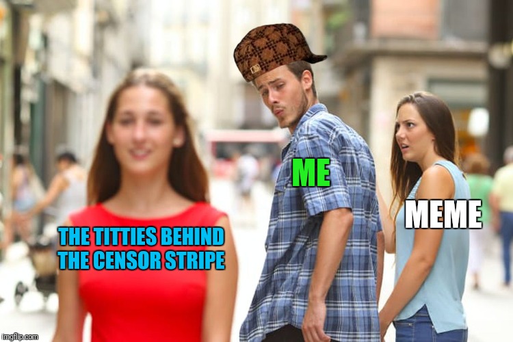 Distracted Boyfriend Meme | THE TITTIES BEHIND THE CENSOR STRIPE ME MEME | image tagged in memes,distracted boyfriend,scumbag | made w/ Imgflip meme maker
