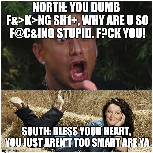 We're so polite it confuses folks who don't know the dialect! | NORTH: YOU DUMB F&>K>NG SH1+, WHY ARE U SO F@C&ING STUPID. F?CK YOU! SOUTH: BLESS YOUR HEART, YOU JUST AREN'T TOO SMART ARE YA | image tagged in southern | made w/ Imgflip meme maker