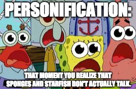 PERSONIFICATION:; THAT MOMENT YOU REALIZE THAT SPONGES AND STARFISH DON'T ACTUALLY TALK. | image tagged in spongebob | made w/ Imgflip meme maker