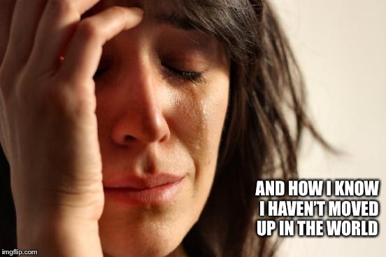 First World Problems Meme | AND HOW I KNOW I HAVEN’T MOVED UP IN THE WORLD | image tagged in memes,first world problems | made w/ Imgflip meme maker