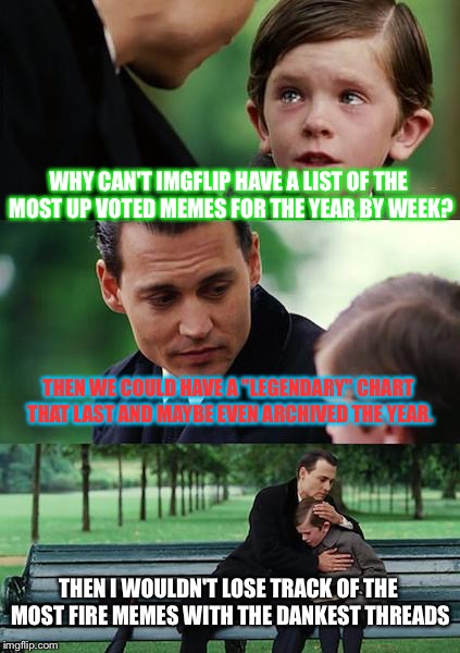 Finding Neverland | WHY CAN'T IMGFLIP HAVE A LIST OF THE MOST UP VOTED MEMES FOR THE YEAR BY WEEK? THEN WE COULD HAVE A "LEGENDARY" CHART THAT LAST AND MAYBE EVEN ARCHIVED THE YEAR. THEN I WOULDN'T LOSE TRACK OF THE MOST FIRE MEMES WITH THE DANKEST THREADS | image tagged in memes,finding neverland | made w/ Imgflip meme maker