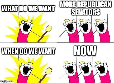 What Do We Want | WHAT DO WE WANT; MORE REPUBLICAN SENATORS; WHEN DO WE WANT; NOW | image tagged in memes,what do we want,republicans,senators | made w/ Imgflip meme maker
