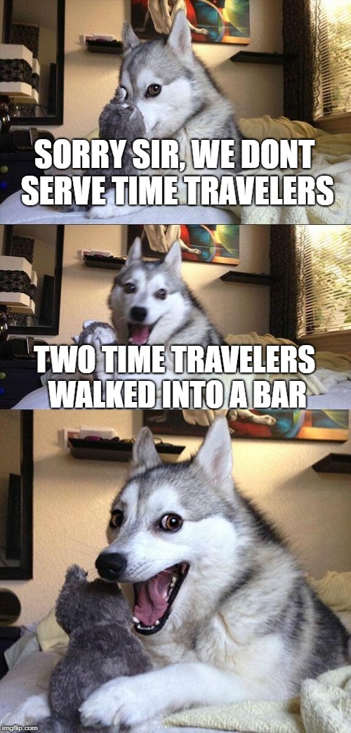 Bad Pun Dog Meme | SORRY SIR, WE DONT SERVE TIME TRAVELERS; TWO TIME TRAVELERS WALKED INTO A BAR | image tagged in memes,bad pun dog | made w/ Imgflip meme maker