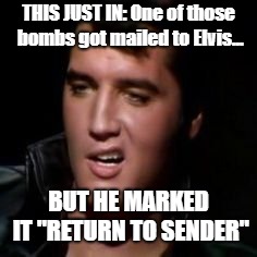 Don't Mess With The King |  THIS JUST IN: One of those bombs got mailed to Elvis... BUT HE MARKED IT "RETURN TO SENDER" | image tagged in mail bombs,memes,elvis songs,elvis thank you | made w/ Imgflip meme maker