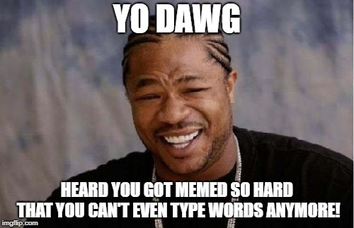 Too much meme | YO DAWG; HEARD YOU GOT MEMED SO HARD THAT YOU CAN'T EVEN TYPE WORDS ANYMORE! | image tagged in memes,yo dawg heard you,can't type,meme | made w/ Imgflip meme maker