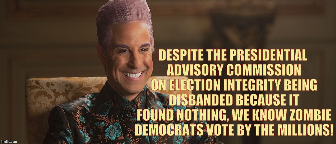 Hunger Games - Caesar Flickerman (Stanley Tucci) "This is great! | DESPITE THE PRESIDENTIAL ADVISORY COMMISSION ON ELECTION INTEGRITY BEING DISBANDED BECAUSE IT FOUND NOTHING, WE KNOW ZOMBIE DEMOCRATS VOTE B | image tagged in hunger games - caesar flickerman stanley tucci this is great | made w/ Imgflip meme maker