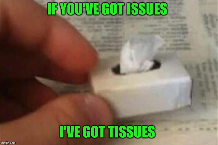 I'm caring that way. | IF YOU'VE GOT ISSUES; I'VE GOT TISSUES | image tagged in issues,tissue,memes,funny | made w/ Imgflip meme maker