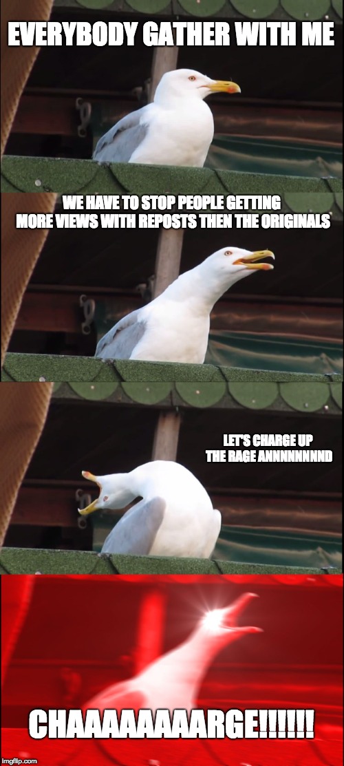 Inhaling Seagull | EVERYBODY GATHER WITH ME; WE HAVE TO STOP PEOPLE GETTING MORE VIEWS WITH REPOSTS THEN THE ORIGINALS; LET'S CHARGE UP THE RAGE ANNNNNNNND; CHAAAAAAAARGE!!!!!! | image tagged in memes,inhaling seagull | made w/ Imgflip meme maker