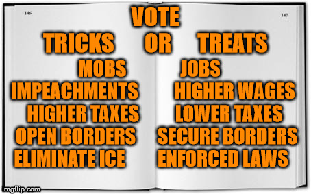 Blank Book | VOTE              TRICKS       OR      TREATS; MOBS               JOBS    IMPEACHMENTS          HIGHER WAGES   HIGHER TAXES          LOWER TAXES  
OPEN BORDERS      SECURE BORDERS   
ELIMINATE ICE         ENFORCED LAWS | image tagged in blank book | made w/ Imgflip meme maker
