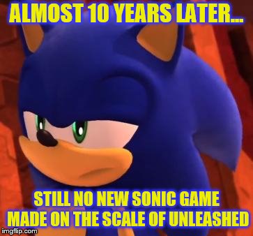 Disappointed Sonic | ALMOST 10 YEARS LATER... STILL NO NEW SONIC GAME MADE ON THE SCALE OF UNLEASHED | image tagged in disappointed sonic | made w/ Imgflip meme maker