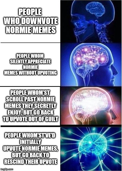 Expanding Brain Meme |  PEOPLE WHO DOWNVOTE NORMIE MEMES; PEOPLE WHOM SILENTLY APPRECIATE NORMIE MEMES WITHOUT UPVOTING; PEOPLE WHOM'ST SCROLL PAST NORMIE MEMES THEY SECRETLY ENJOY, BUT GO BACK TO UPVOTE OUT OF GUILT; PEOPLE WHOM'ST'VE'D INITIALLY UPVOTE NORMIE MEMES, BUT GO BACK TO RESCIND THEIR UPVOTE | image tagged in memes,expanding brain | made w/ Imgflip meme maker