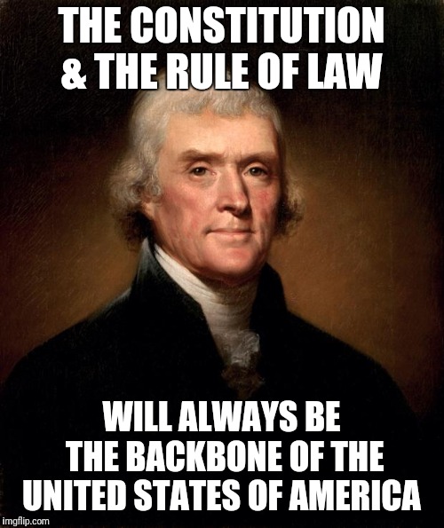 Thomas Jefferson  | THE CONSTITUTION & THE RULE OF LAW; WILL ALWAYS BE THE BACKBONE OF THE UNITED STATES OF AMERICA | image tagged in thomas jefferson | made w/ Imgflip meme maker