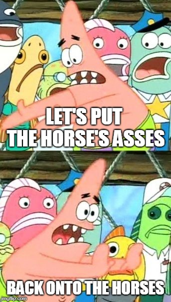 Put It Somewhere Else Patrick Meme | LET'S PUT THE HORSE'S ASSES BACK ONTO THE HORSES | image tagged in memes,put it somewhere else patrick | made w/ Imgflip meme maker