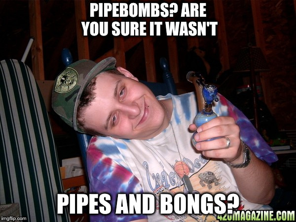 This guy gets it | PIPEBOMBS? ARE YOU SURE IT WASN'T; PIPES AND BONGS? | image tagged in stoner,weed,funny,420,politics | made w/ Imgflip meme maker
