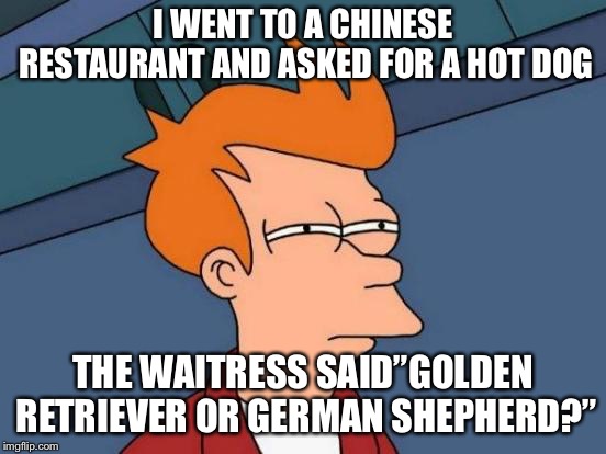 Futurama Fry Meme | I WENT TO A CHINESE RESTAURANT AND ASKED FOR A HOT DOG; THE WAITRESS SAID”GOLDEN RETRIEVER OR GERMAN SHEPHERD?” | image tagged in memes,futurama fry | made w/ Imgflip meme maker