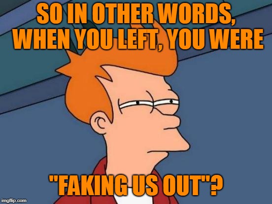 Futurama Fry Meme | SO IN OTHER WORDS, WHEN YOU LEFT, YOU WERE "FAKING US OUT"? | image tagged in memes,futurama fry | made w/ Imgflip meme maker