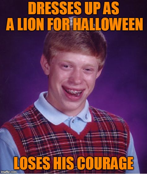 Bad Luck Brian Meme | DRESSES UP AS A LION FOR HALLOWEEN LOSES HIS COURAGE | image tagged in memes,bad luck brian | made w/ Imgflip meme maker