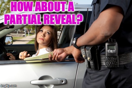 pretty girl gets ticket | HOW ABOUT A PARTIAL REVEAL? | image tagged in pretty girl gets ticket | made w/ Imgflip meme maker