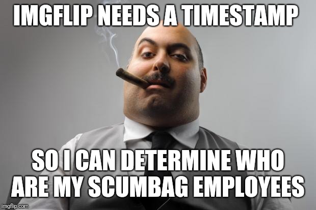 Scumbag Boss Meme | IMGFLIP NEEDS A TIMESTAMP; SO I CAN DETERMINE WHO ARE MY SCUMBAG EMPLOYEES | image tagged in memes,scumbag boss | made w/ Imgflip meme maker