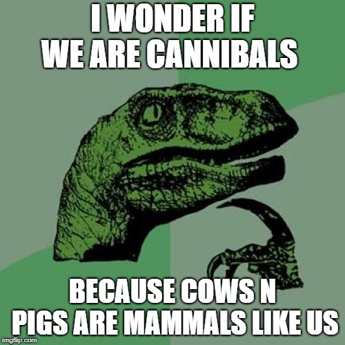 think about it, super creepy eh? | I WONDER IF WE ARE CANNIBALS; BECAUSE COWS N PIGS ARE MAMMALS LIKE US | image tagged in memes,philosoraptor | made w/ Imgflip meme maker