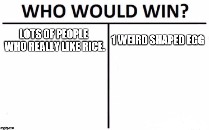 Who Would Win? Meme | LOTS OF PEOPLE WHO REALLY LIKE RICE. 1 WEIRD SHAPED EGG | image tagged in memes,who would win | made w/ Imgflip meme maker
