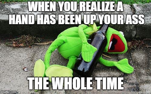 Drunk Kermit | WHEN YOU REALIZE A HAND HAS BEEN UP YOUR ASS; THE WHOLE TIME | image tagged in drunk kermit | made w/ Imgflip meme maker
