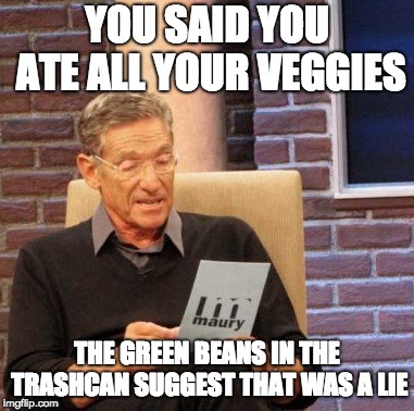 Maury Lie Detector | YOU SAID YOU ATE ALL YOUR VEGGIES; THE GREEN BEANS IN THE TRASHCAN SUGGEST THAT WAS A LIE | image tagged in memes,maury lie detector | made w/ Imgflip meme maker