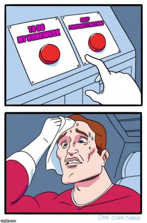 Two Buttons Meme | KEEP PROCRASTINATING; TO DO MY HOMEWORK | image tagged in memes,two buttons | made w/ Imgflip meme maker