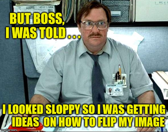 I Was Told There Would Be Meme | BUT BOSS,     I WAS TOLD . . . I LOOKED SLOPPY SO I WAS GETTING    IDEAS  ON HOW TO FLIP MY IMAGE | image tagged in memes,i was told there would be | made w/ Imgflip meme maker