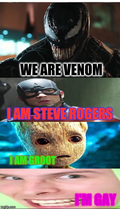 i did not press the generate button early this time lol, i finished da meme  | WE ARE VENOM; I AM STEVE ROGERS; I AM GROOT; I'M GAY | image tagged in memes,marvel civil war 1 | made w/ Imgflip meme maker