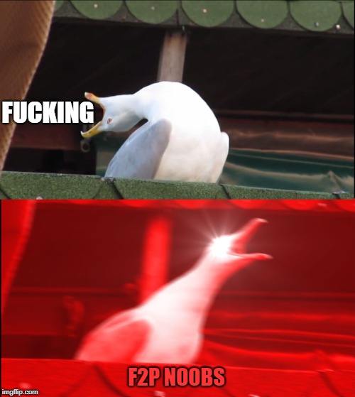 Deep Breath Seagull | F**KING F2P N00BS | image tagged in deep breath seagull | made w/ Imgflip meme maker