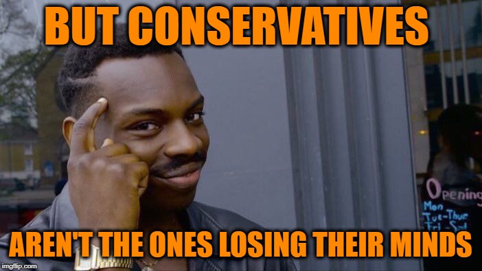 Roll Safe Think About It Meme | BUT CONSERVATIVES AREN'T THE ONES LOSING THEIR MINDS | image tagged in memes,roll safe think about it | made w/ Imgflip meme maker