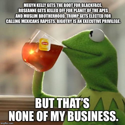 Bigotry is an Executive Privilege | MEGYN KELLY GETS THE BOOT FOR BLACKFACE. ROSEANNE GETS KILLED OFF FOR PLANET OF THE APES AND MUSLIM BROTHERHOOD. TRUMP GETS ELECTED FOR CALLING MEXICANS RAPISTS. BIGOTRY IS AN EXECUTIVE PRIVILEGE. BUT THAT’S NONE OF MY BUSINESS. | image tagged in memes,but thats none of my business,kermit the frog,trump,megyn kelly,roseanne barr | made w/ Imgflip meme maker