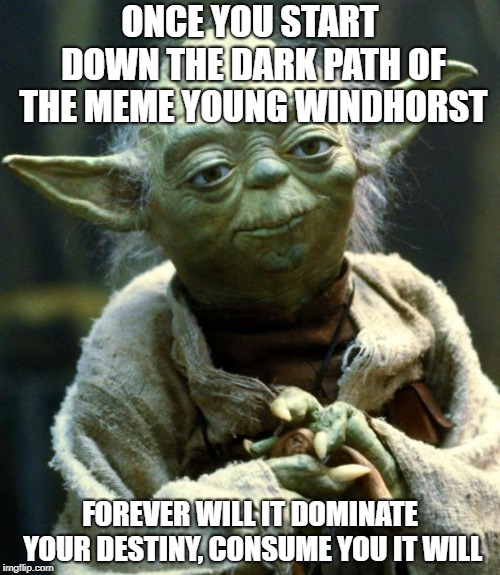 Star Wars Yoda Meme | ONCE YOU START DOWN THE DARK PATH OF THE MEME YOUNG WINDHORST; FOREVER WILL IT DOMINATE YOUR DESTINY, CONSUME YOU IT WILL | image tagged in memes,star wars yoda | made w/ Imgflip meme maker