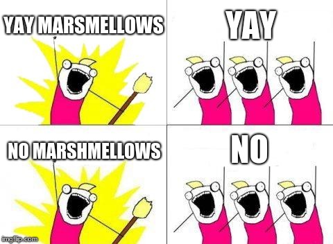 What Do We Want Meme | YAY MARSMELLOWS; YAY; NO; NO MARSHMELLOWS | image tagged in memes,what do we want | made w/ Imgflip meme maker