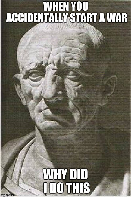 cato the elder | WHEN YOU ACCIDENTALLY START A WAR; WHY DID I DO THIS | image tagged in cato the elder | made w/ Imgflip meme maker