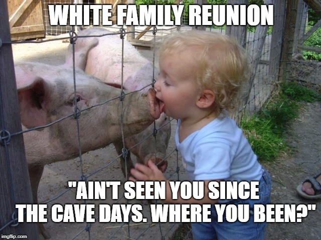 WHITE FAMILY REUNION; "AIN'T SEEN YOU SINCE THE CAVE DAYS. WHERE YOU BEEN?" | image tagged in white family reunion | made w/ Imgflip meme maker