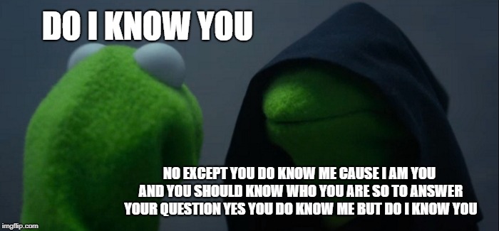 Evil Kermit Meme | DO I KNOW YOU; NO EXCEPT YOU DO KNOW ME CAUSE I AM YOU AND YOU SHOULD KNOW WHO YOU ARE SO TO ANSWER YOUR QUESTION YES YOU DO KNOW ME BUT DO I KNOW YOU | image tagged in memes,evil kermit | made w/ Imgflip meme maker
