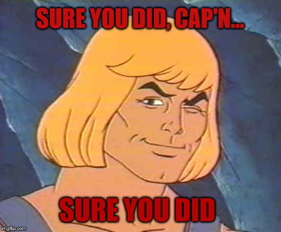 He-Man Wink | SURE YOU DID, CAP'N... SURE YOU DID | image tagged in he-man wink | made w/ Imgflip meme maker