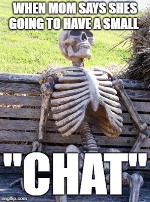 Waiting Skeleton Meme | WHEN MOM SAYS SHES GOING TO HAVE A SMALL; "CHAT" | image tagged in memes,waiting skeleton | made w/ Imgflip meme maker