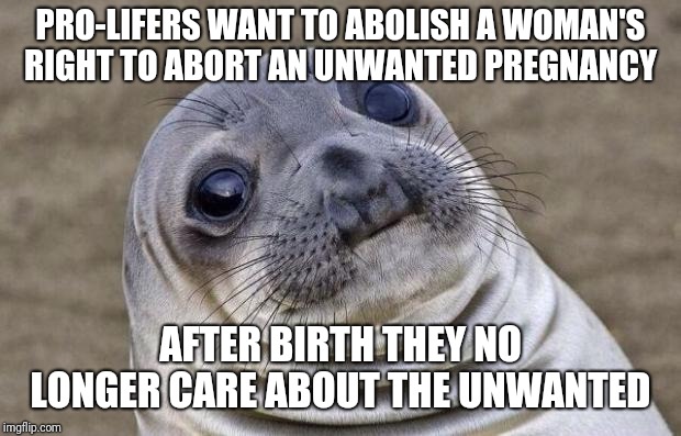 Awkward Moment Sealion Meme | PRO-LIFERS WANT TO ABOLISH A WOMAN'S RIGHT TO ABORT AN UNWANTED PREGNANCY; AFTER BIRTH THEY NO LONGER CARE ABOUT THE UNWANTED | image tagged in memes,awkward moment sealion | made w/ Imgflip meme maker