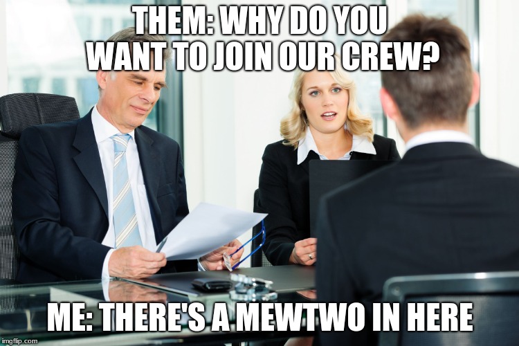 job interview | THEM: WHY DO YOU WANT TO JOIN OUR CREW? ME: THERE'S A MEWTWO IN HERE | image tagged in job interview | made w/ Imgflip meme maker