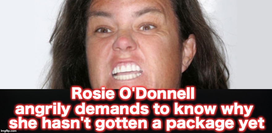 Rosie O'Donnell; angrily demands to know why she hasn't gotten a package yet | image tagged in rosie o'donnell | made w/ Imgflip meme maker