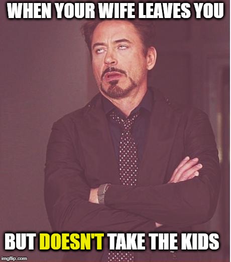 So much for enjoying the single life | WHEN YOUR WIFE LEAVES YOU; BUT DOESN'T TAKE THE KIDS; DOESN'T | image tagged in memes,face you make robert downey jr,kids,wife,parenting,just kidding | made w/ Imgflip meme maker