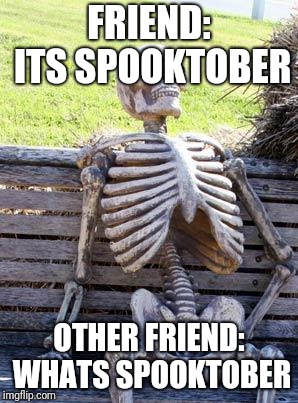 Waiting Skeleton Meme | FRIEND: ITS SPOOKTOBER; OTHER FRIEND: WHATS SPOOKTOBER | image tagged in memes,waiting skeleton | made w/ Imgflip meme maker