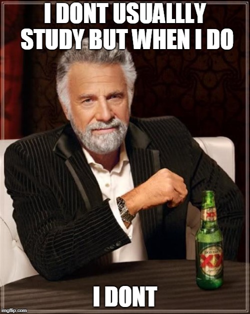 The Most Interesting Man In The World Meme | I DONT USUALLLY STUDY BUT WHEN I DO; I DONT | image tagged in memes,the most interesting man in the world | made w/ Imgflip meme maker
