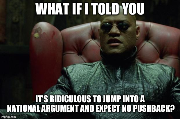 "I will not tolerate people making my wall into an argument." Then why'd you make it one? | WHAT IF I TOLD YOU; IT'S RIDICULOUS TO JUMP INTO A NATIONAL ARGUMENT AND EXPECT NO PUSHBACK? | image tagged in matrix morpheus,what if i told you,argument,politics,snowflakes | made w/ Imgflip meme maker